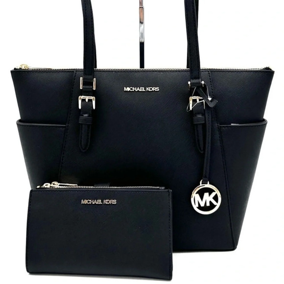 Michael Kors Large Charlotte Tote Bag & Large Double Zip Wallet Black - Picture 1 of 14